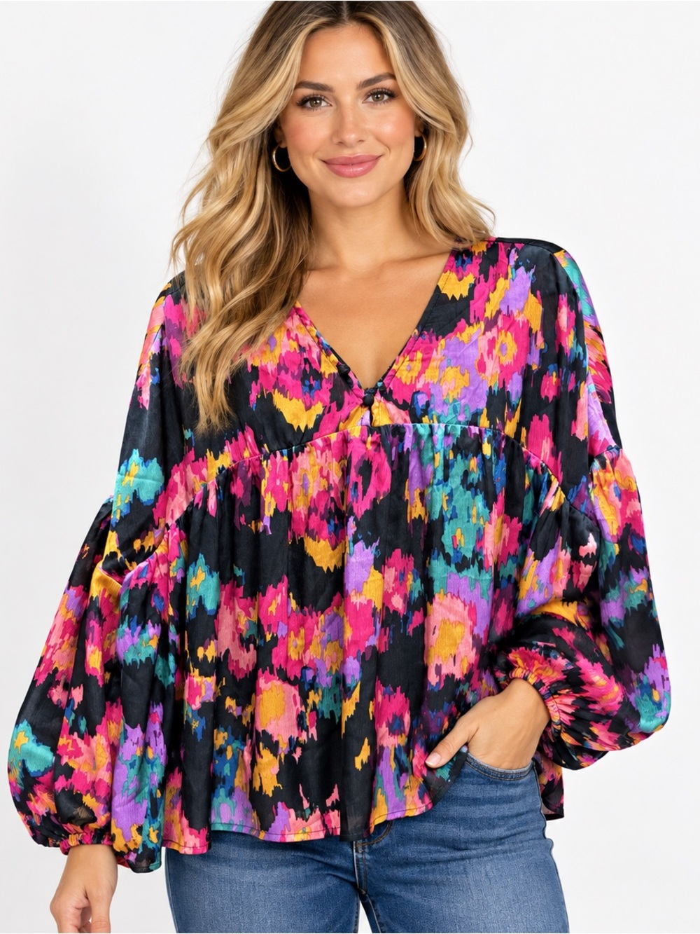 TCEC Abstract Ikat Print Babydoll Blouse Black Multicolor Size Small